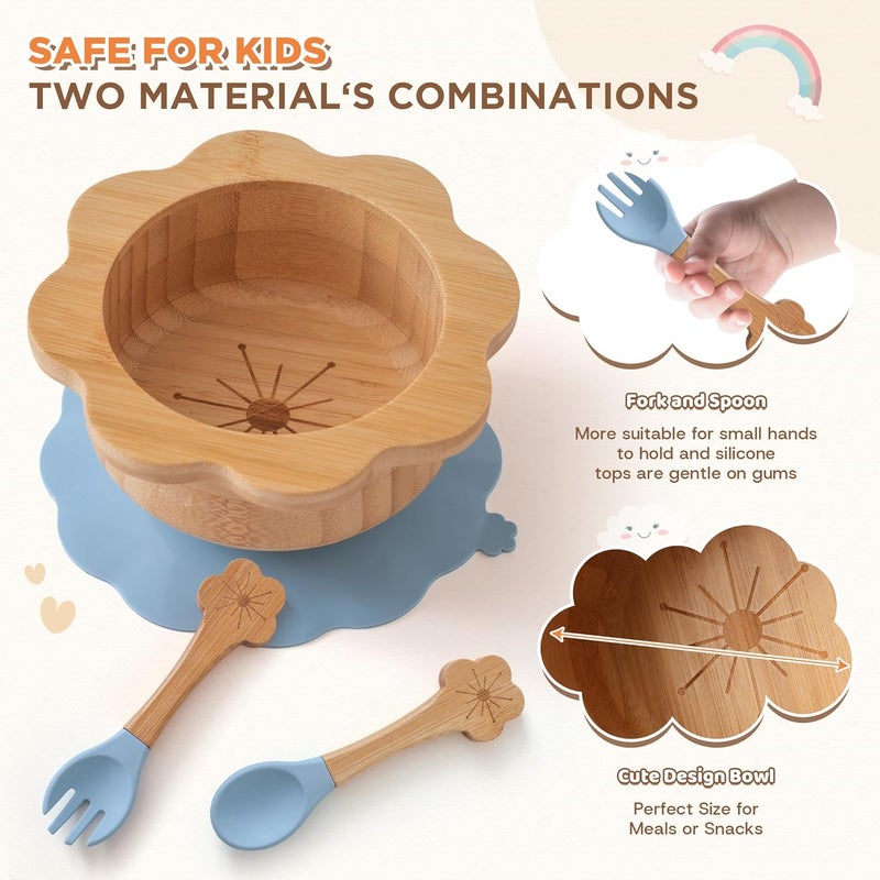 MingHoYo Bamboo Suction Plates Bowls Set for Baby Toddler - Includes Bamboo Bowl, Divided Plate, Silicone Fork & Spoon, All-Natural Baby Feeding Set for Baby-Led Weaning - Image 4